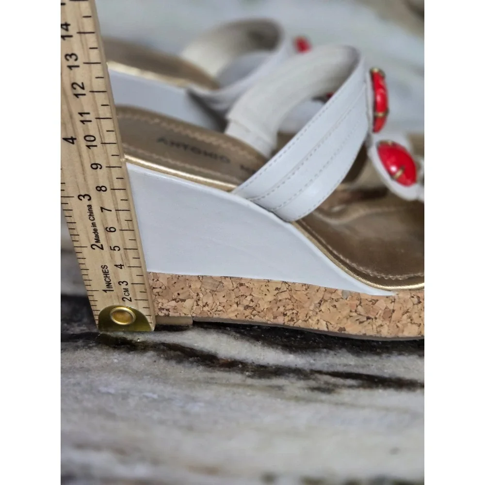Antonio Melani Jisele White Leather Red Stone Cork Wedge Sandals 6M Brazil